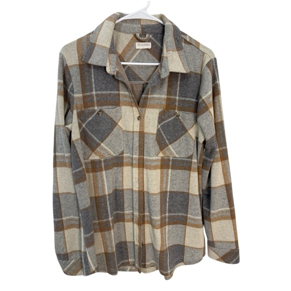 78 & Sunny Plaid Button Front Shirt Shacket Neutral Flannel Oversized L - Picture 2 of 6